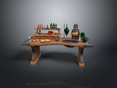 Stylish Wooden Outdoor Table With Shelf Bottles Green Decorations Bowl And Books 3d model