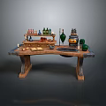 Stylish Wooden Outdoor Table With Shelf Bottles Green Decorations Bowl And Books
