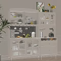 Modern White Sideboard with Glass Door Cabinets Fruits Kitchen Appliances and Storage