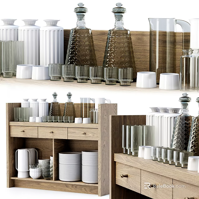 Stylish Tableware Set Including Cups Plates Glasses Jars on Wooden Shelves 3d model 