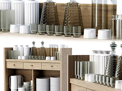 Stylish Tableware Set Including Cups Plates Glasses Jars on Wooden Shelves 3d model
