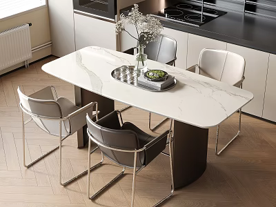 Modern Open Kitchen Dining Table And Chairs With White Marble Top And Metal Frame 3d model