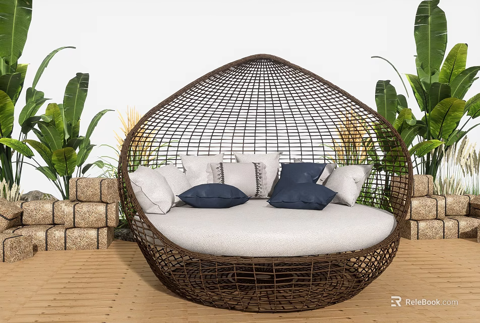 Oval Rattan Outdoor Sofa With White Cushions And Lush Green Plants 3d model 
