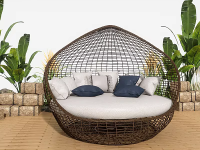 Oval Rattan Outdoor Sofa With White Cushions And Lush Green Plants 3d model