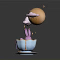 Whimsical Scene With Blue Cup Purple Rabbit Saucer Spoon Cloud Moon And Stars
