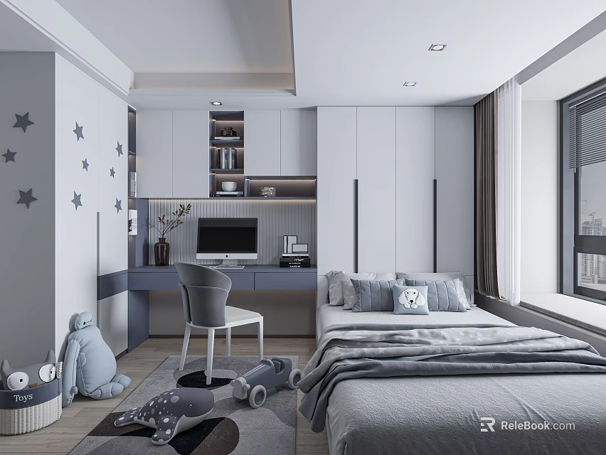Modern Kids Tatami Bedroom With Gray Bedding Desk Chair Cabinets Star Decor And Toys 3d model 