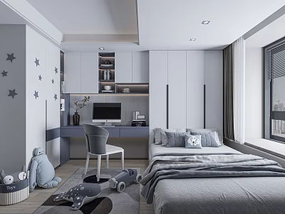 Modern Kids Tatami Bedroom With Gray Bedding Desk Chair Cabinets Star Decor And Toys 3d model