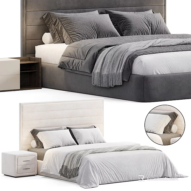 Comfortable Double Bed with Upholstered Headboard and Matching Bedding Sets 3d model 