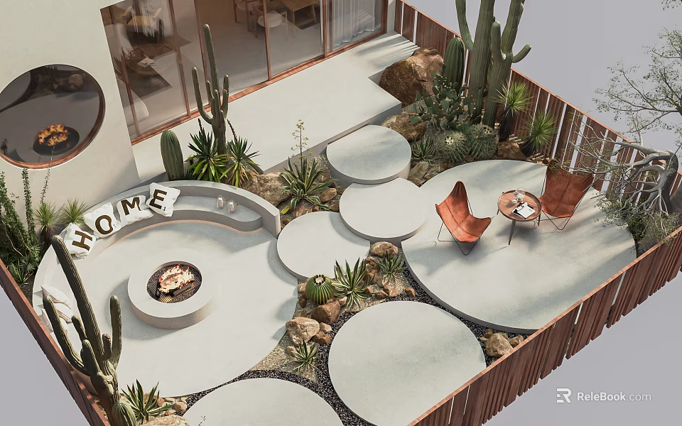 Modern Garden Landscape Design With Circular Platforms Fire Pit Seating And Cacti 3d model 
