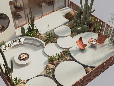 Modern Garden Landscape Design With Circular Platforms Fire Pit Seating And Cacti 3d model