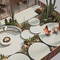 Modern Garden Landscape Design With Circular Platforms Fire Pit Seating And Cacti