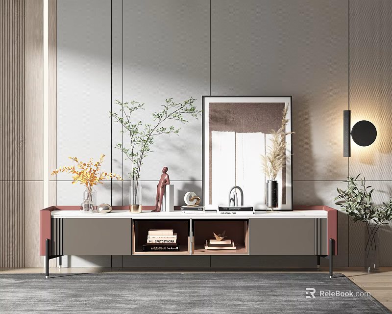 Modern TV Stand With Vases Decorative Items Mirror And Wooden Drawers 3d model 