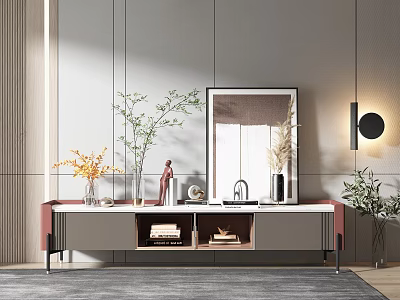 Modern TV Stand With Vases Decorative Items Mirror And Wooden Drawers 3d model