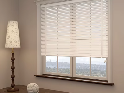 White Venetian Blinds In Cozy Indoor Room With Wooden Windowsill And Table Lamp 3d model