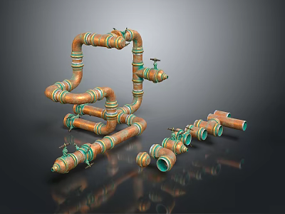 Industrial Copper Pipe Lighting Fixture Set with Green Accents and Interconnected Design 3d model