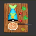 Sliced Salmon on Wooden Cutting Board with Cleaver Knife Small Tomato and Half Lemon