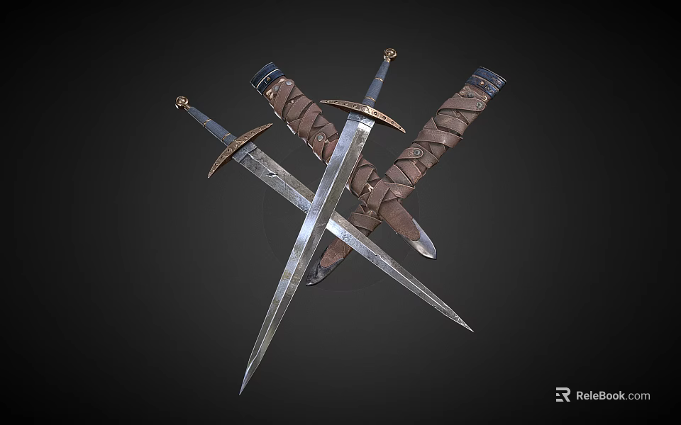 Ancient Crossed Swords And Dagger With Metal Blades And Leather Wrapped Hilts On Dark Background 3d model 