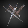 Ancient Crossed Swords And Dagger With Metal Blades And Leather Wrapped Hilts On Dark Background