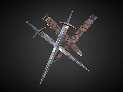Ancient Crossed Swords And Dagger With Metal Blades And Leather Wrapped Hilts On Dark Background 3d model