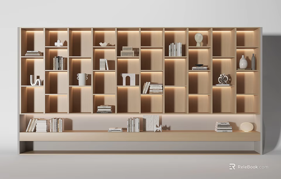 Modern Open Bookcase Interior With Layered Shelves Books And Decorative Objects 3d model 