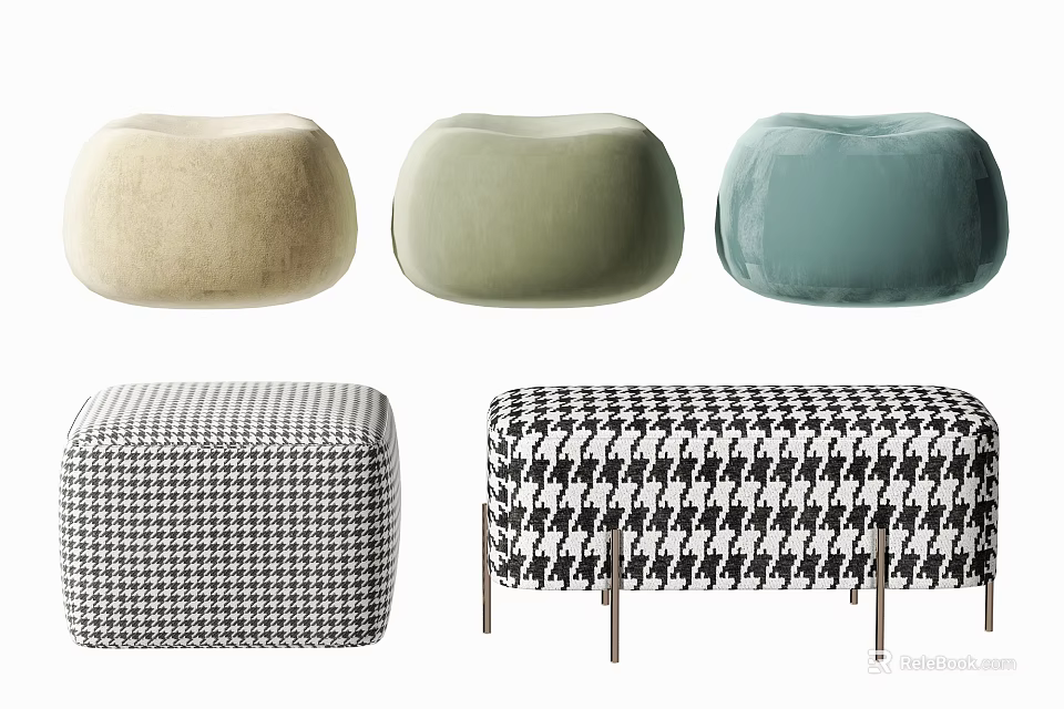 Upholstered Sofa Stools Round Rectangular with Beige Green Blue Houndstooth Patterns 3d model