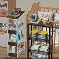 Organized Kids Room With Wooden Crib Multilayer Storage Cart Toys And Milk Powder Tins