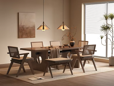 Natural Wooden Dining Table Set With Chairs Bench Pendant Lights Wall Painting And Indoor Plant 3d model