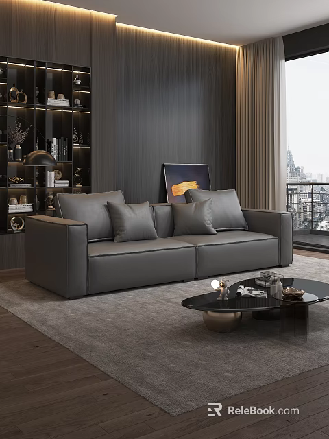 Gray Double Sofa in Modern Living Room With Pillows Coffee Table And City View 3d model 