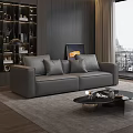 Gray Double Sofa in Modern Living Room With Pillows Coffee Table And City View