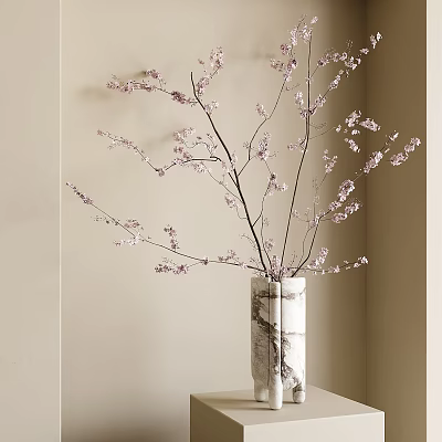 Marble Textured Vase With Pink Blossom Branches In Light Corner Setting 3d model
