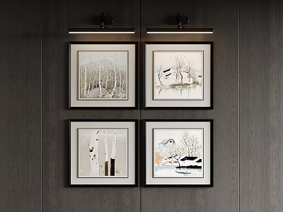 Photo Wall With Four Framed Natural Scenery Artworks On Dark Wooden Wall With Overhead Lights 3d model
