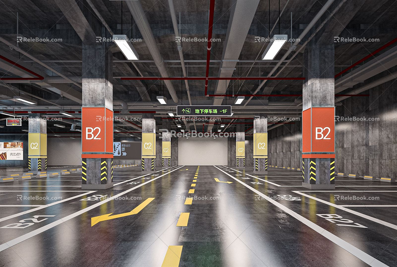 Industrial LOFT Parking Underground Parking Garage Underground Garage Parking Space Traffic Signs Car 3d model