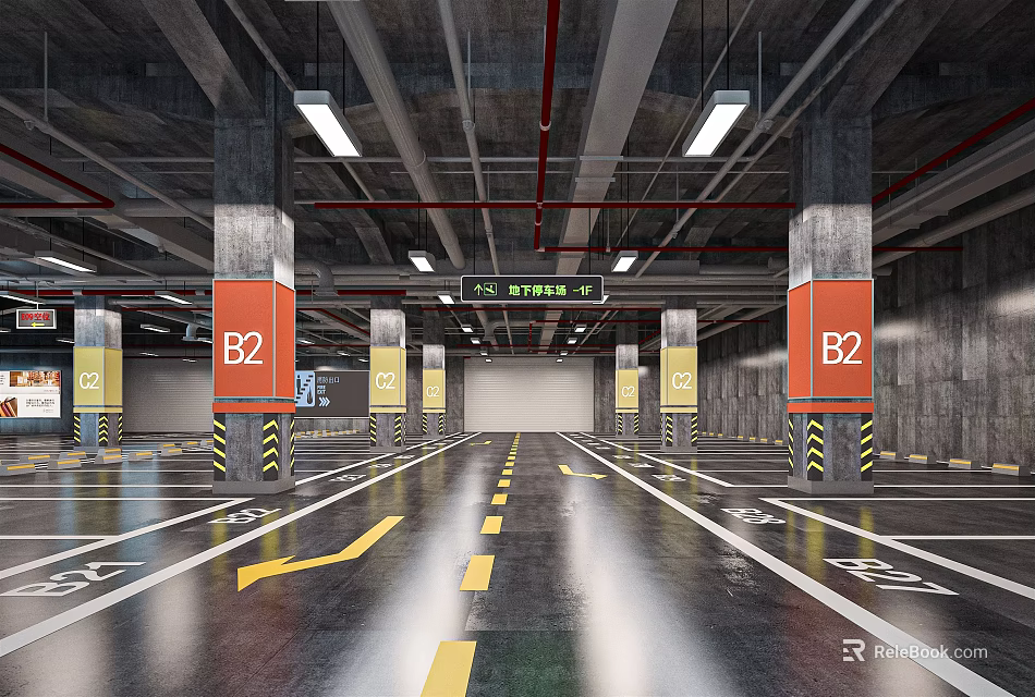 Well Lit Interior B2 Level Parking Garage With Orange Columns Yellow Arrows And Floor Markings 3d model 