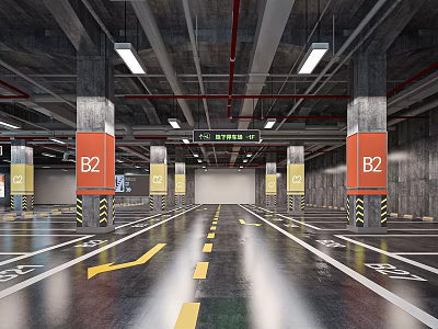 Well Lit Interior B2 Level Parking Garage With Orange Columns Yellow Arrows And Floor Markings 3d model