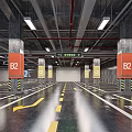 Well Lit Interior B2 Level Parking Garage With Orange Columns Yellow Arrows And Floor Markings