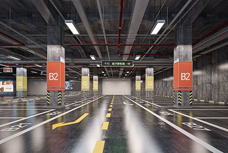 Industrial LOFT Parking Underground Parking Garage Underground Garage Parking Space Traffic Signs Car 3d model