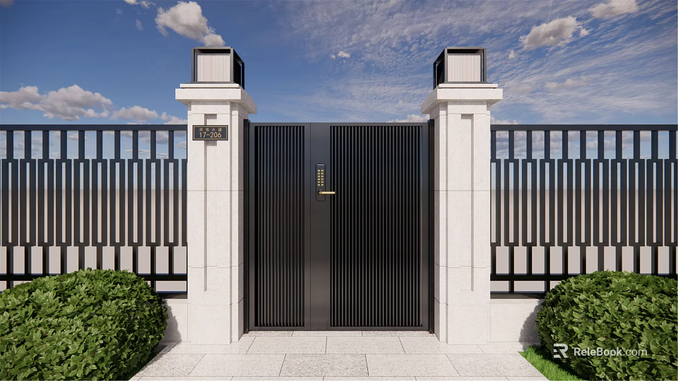Modern Black Double Door Entrance Gate With White Pillars Top Decorations And Green Shrubs 3d model 