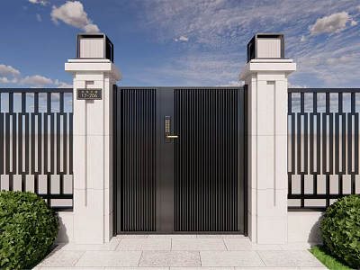 Modern Black Double Door Entrance Gate With White Pillars Top Decorations And Green Shrubs 3d model