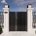 Modern Black Double Door Entrance Gate With White Pillars Top Decorations And Green Shrubs
