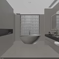 Modern Minimalist Bathroom Interior Featuring Freestanding Round White Bathtub And Window Blinds