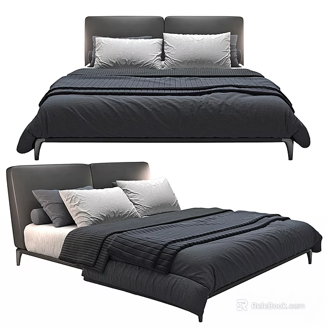 Modern Double Bed With Black Bedding White Pillows And Headboard Design 3d model