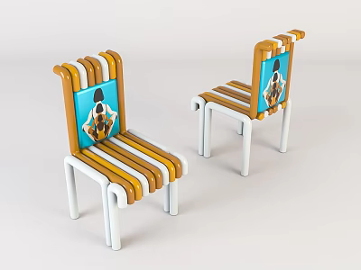 Modern Leisure Chairs With Striped Design Blue Patterned Backrests And White Legs 3d model