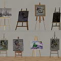 Various Wooden Easels With Colorful Paintings Arranged On Display Shelf