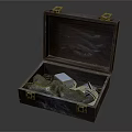 Open Wooden Box With Worn Surface Brass Clasps White Device Gray Cloth And Cables