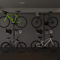 Yellow Black And White Bicycles Stored On Wall Rack With Hanging Helmets And Shoes