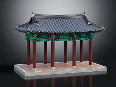 Traditional Architectural Structure with Tiled Roof Green Decorations and Red Pillars on Square Base 3d model