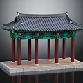 Traditional Architectural Structure with Tiled Roof Green Decorations and Red Pillars on Square Base