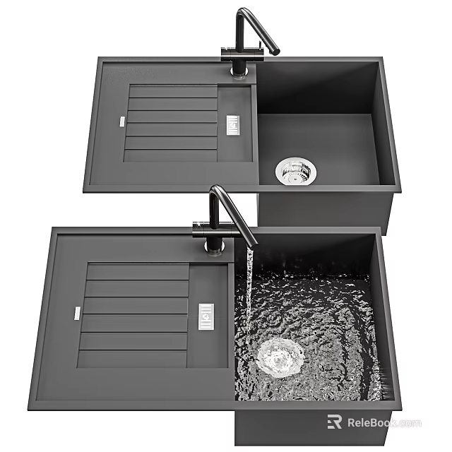 Black Stainless Steel Kitchen Sink With Double Bowl Drainboard And Faucet 3d model 