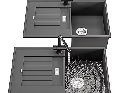 Black Stainless Steel Kitchen Sink With Double Bowl Drainboard And Faucet 3d model