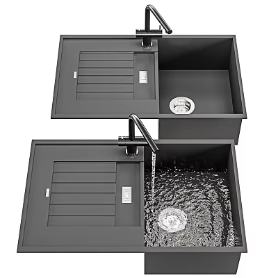 Black Stainless Steel Kitchen Sink With Double Bowl Drainboard And Faucet 3d model
